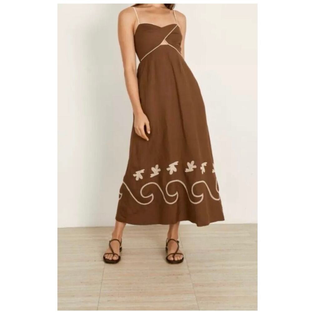 Mon Ren NWT Fresco Embroidered Linen Cotton Sundress Cocao Biscuit Small - Picture 2 of 7